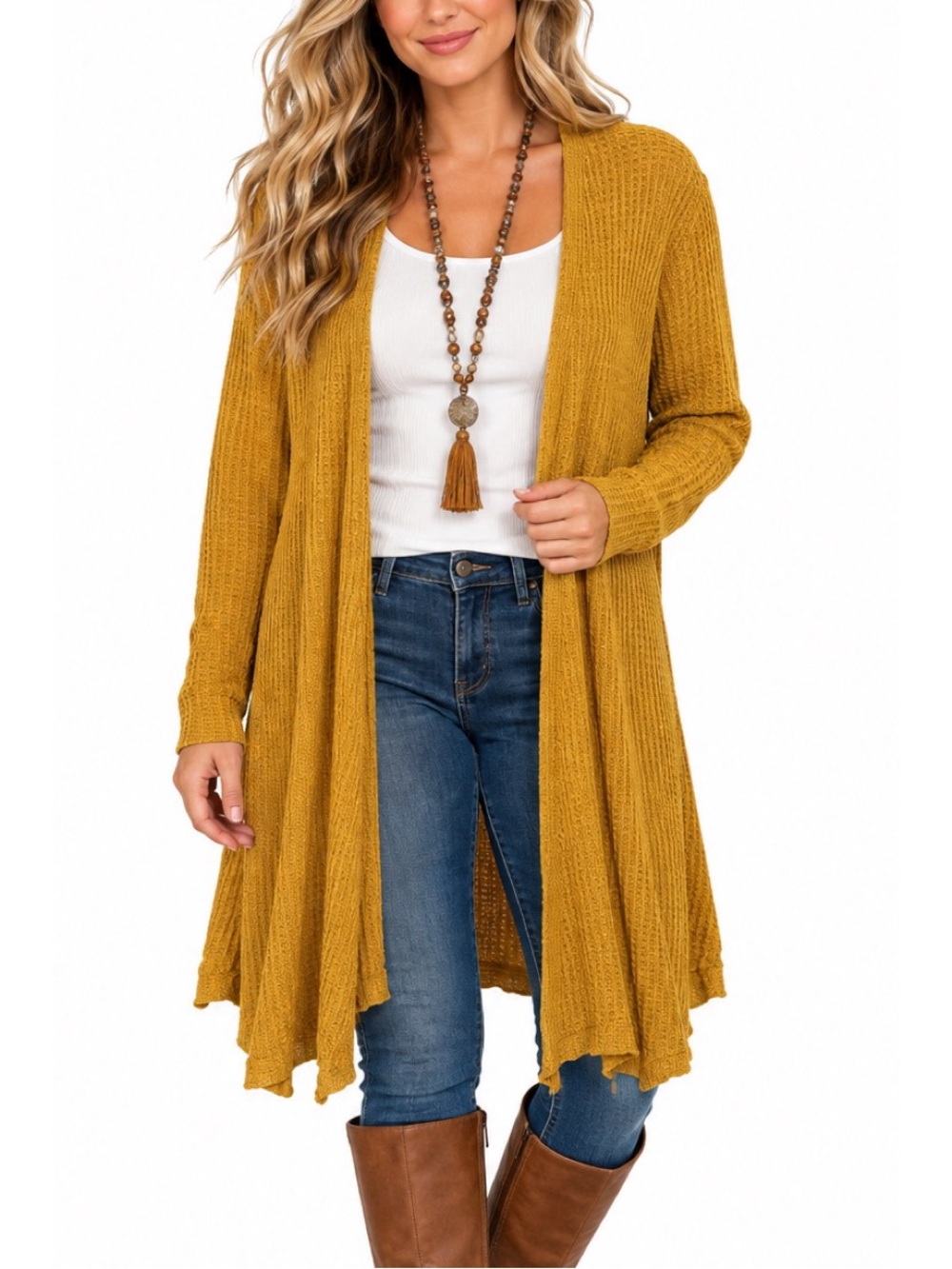Ambiance Mustard Yellow Waffle-Knit Open Cardigan- Medium